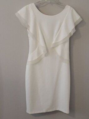 NWT DKNY Dress Women's sz 4 Sheer Flounce Sleeve White Sheath Mini Wedding
